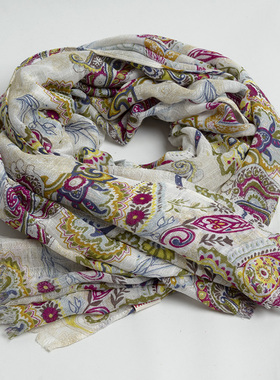 新款出口英国 优雅气质腰果花印花围巾女春秋 百搭旅游竹节棉披肩