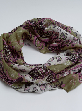 新款碎花围巾优雅绿色精致印腰果花围脖丝巾女春秋巴厘纱旅游套头