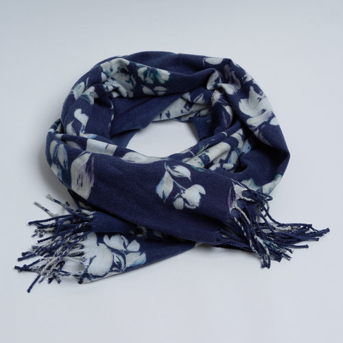 优雅藏青仿羊绒花朵小尺寸围巾春