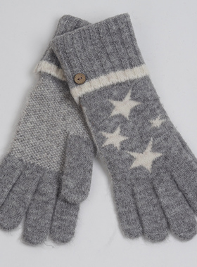 新款出口英国优雅气质灰色五角星毛线女秋冬百搭针织情侣五指手套