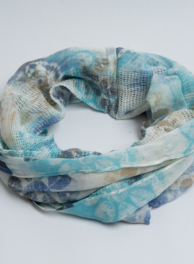 新款纯棉水彩印花围脖 优雅蓝色纹理精致围巾女春秋 旅游护脖套头