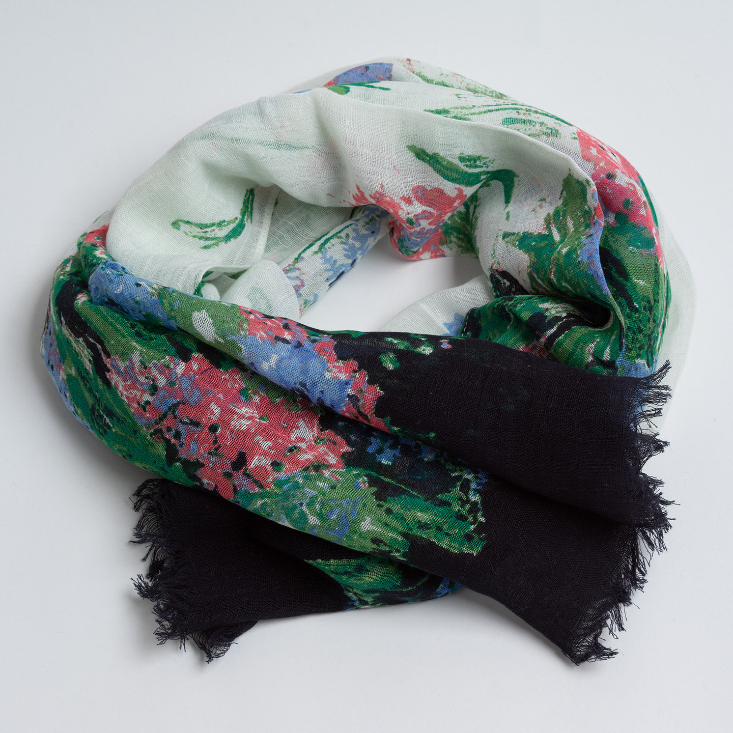 新款亚麻棉围巾春优雅绿色精致水彩印花丝巾女春秋巴厘纱旅游披肩