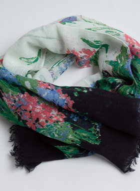 新款亚麻棉围巾春优雅绿色精致水彩印花丝巾女春秋巴厘纱旅游披肩