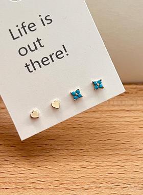 2025新款欧美精致蓝色蓝松石花朵爱心小耳钉耳饰女春夏小众耳坠