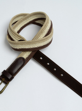 新款女士帆布腰带 优雅咖色纯棉休闲编织 百搭头层牛皮带拼接裤带