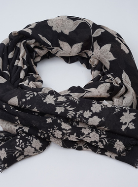围巾女2025春秋新款英伦优雅气质黑色花朵印花棉百搭旅游丝巾披肩