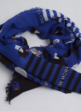 新款出口英国 优雅气质藏青花朵印花围巾女春夏 百搭长款旅游纱巾