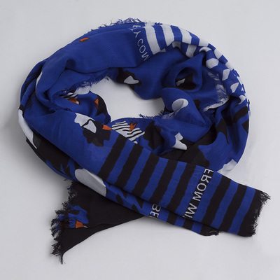 优雅气质藏青花朵印花围巾女春夏