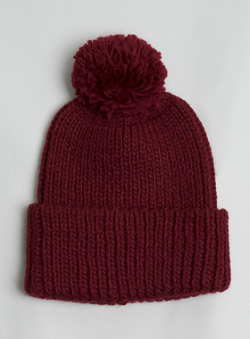 新款出口 优雅气质暗红色罗纹毛线帽子女秋冬 百搭毛球旅游针织帽