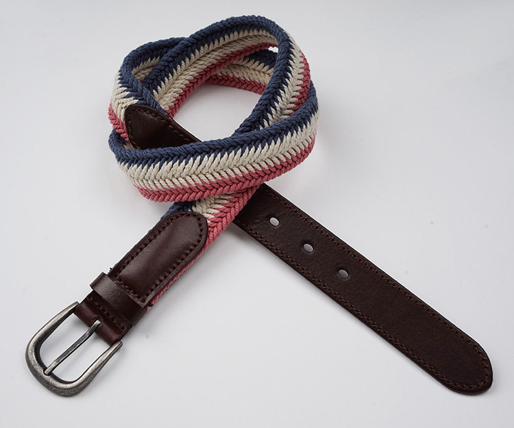新款女士帆布腰带 春夏粉色编织休闲百搭 头层牛皮带拼接窄细腰带