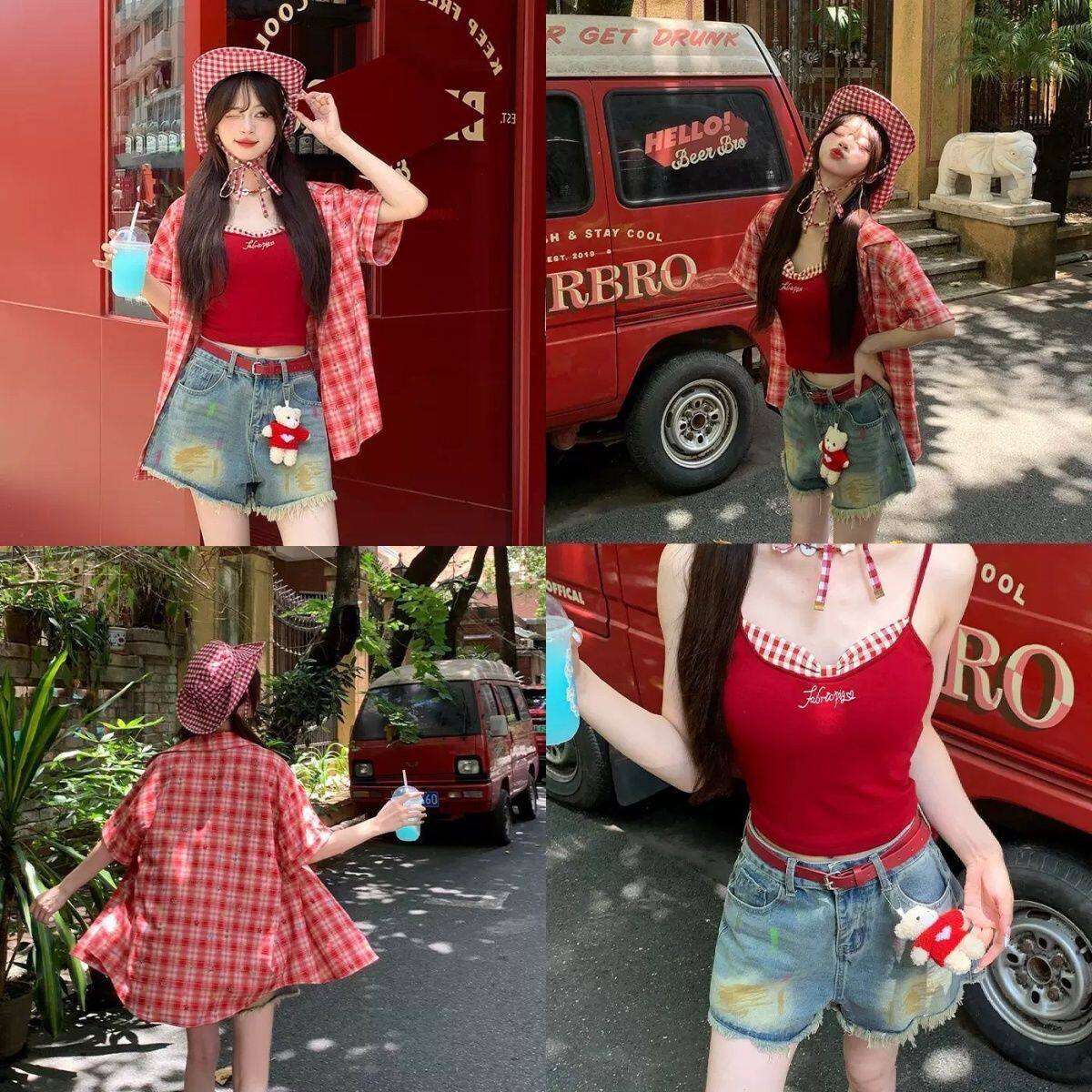 薄款红色格子衬衫上衣女2026夏季新款宽松小个子格纹短袖防晒外套