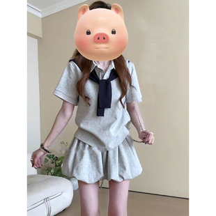 高腰显瘦花苞短裙上衣两件套 韩系学院风Polo领短袖 衬衫 套装 女夏季