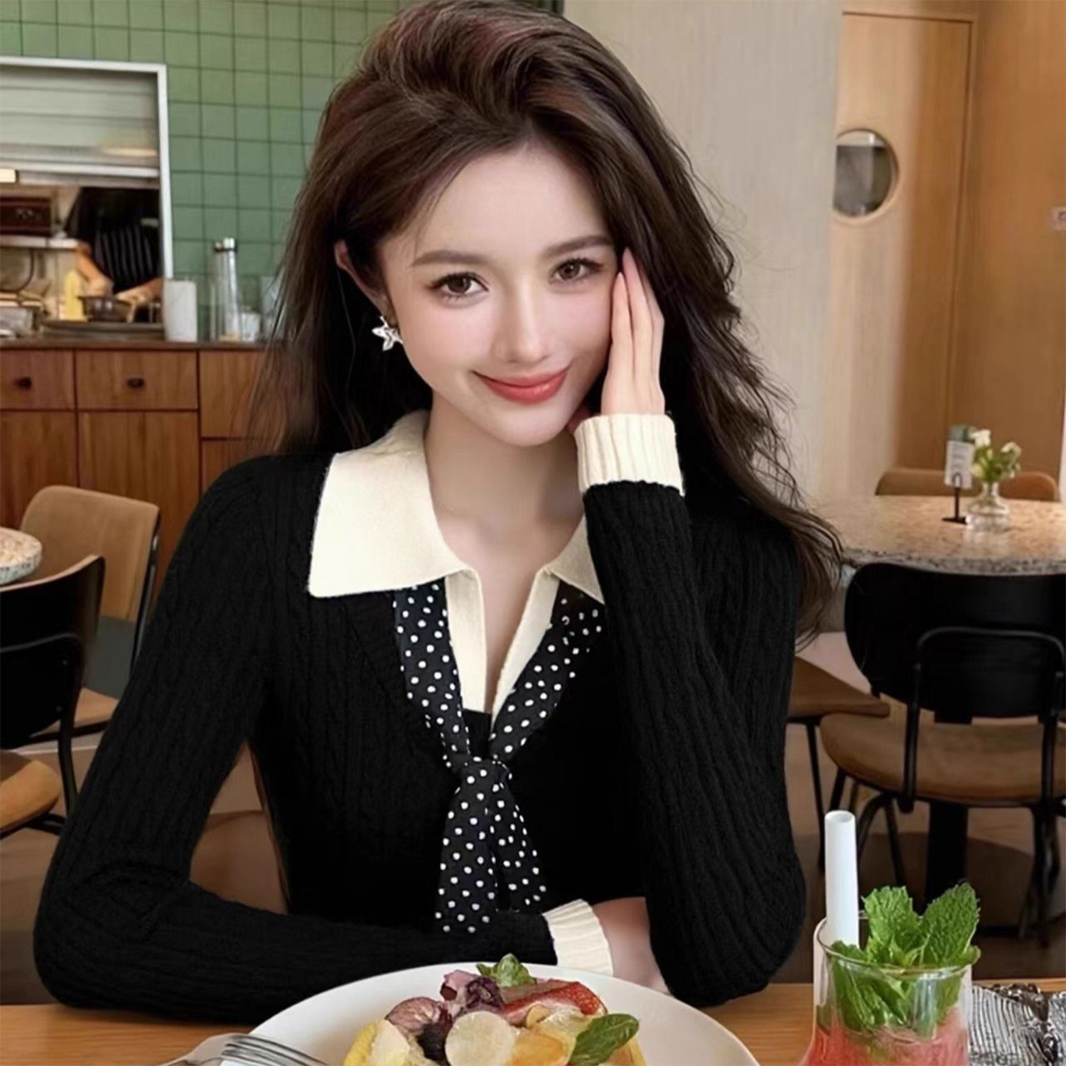 黑色翻领假两件针织衫女2025秋冬季小个子内搭设计感修身打底上衣