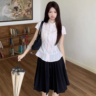 时尚 甜美学院风条纹翻领小飞袖 女夏季 短袖 百搭显瘦衬衣上衣潮 衬衫