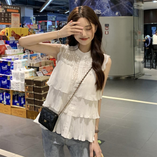 飞袖娃娃衫女款夏季白色无袖荷叶边蓬蓬蕾丝木耳花边百褶甜美上衣