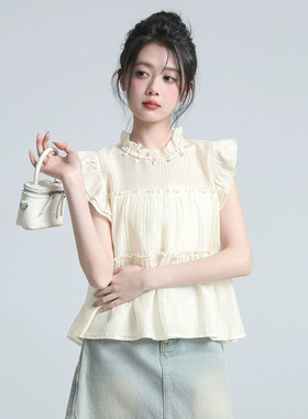 杏色雪纺短袖衬衫女2026夏季新款木耳边小飞袖娃娃衫衬衣上衣