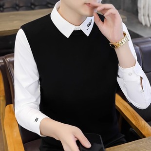 假两件毛衣男秋冬季新款潮流刺绣加绒衬衫领修身男士针织打底衫帅