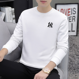 品牌圆领卫衣男士秋季新款休闲大码长袖T恤潮牌印花白色打底衫帅
