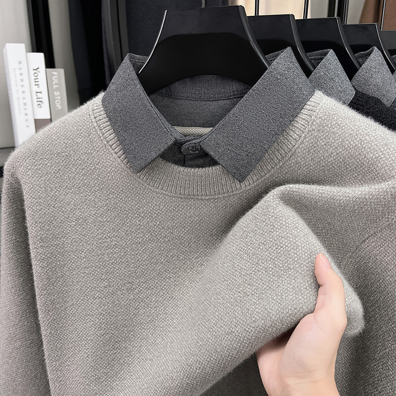 高端假两件毛衣男冬季加厚衬衫领