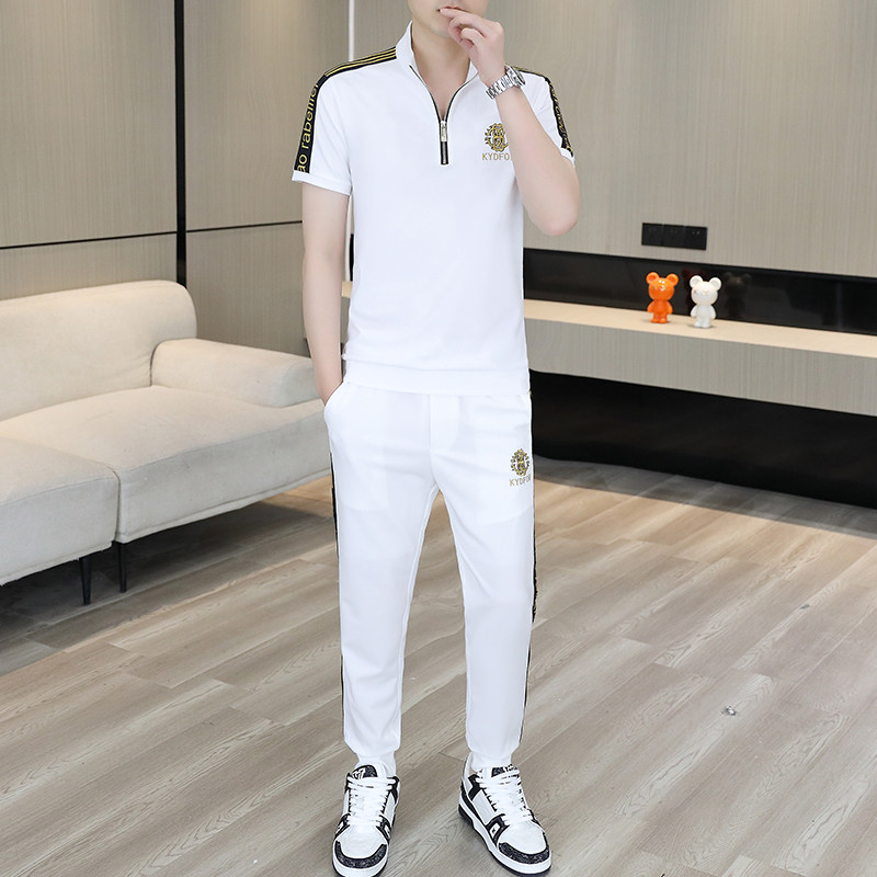 高端时尚套装男夏季潮牌2025新款刺绣冰丝两件套短袖长裤一套搭配