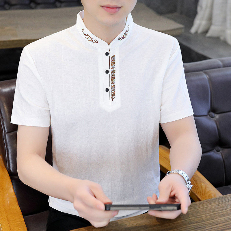 高端中国风立领t恤男士短袖复古潮牌潮流刺绣冰丝半袖polo衫修身