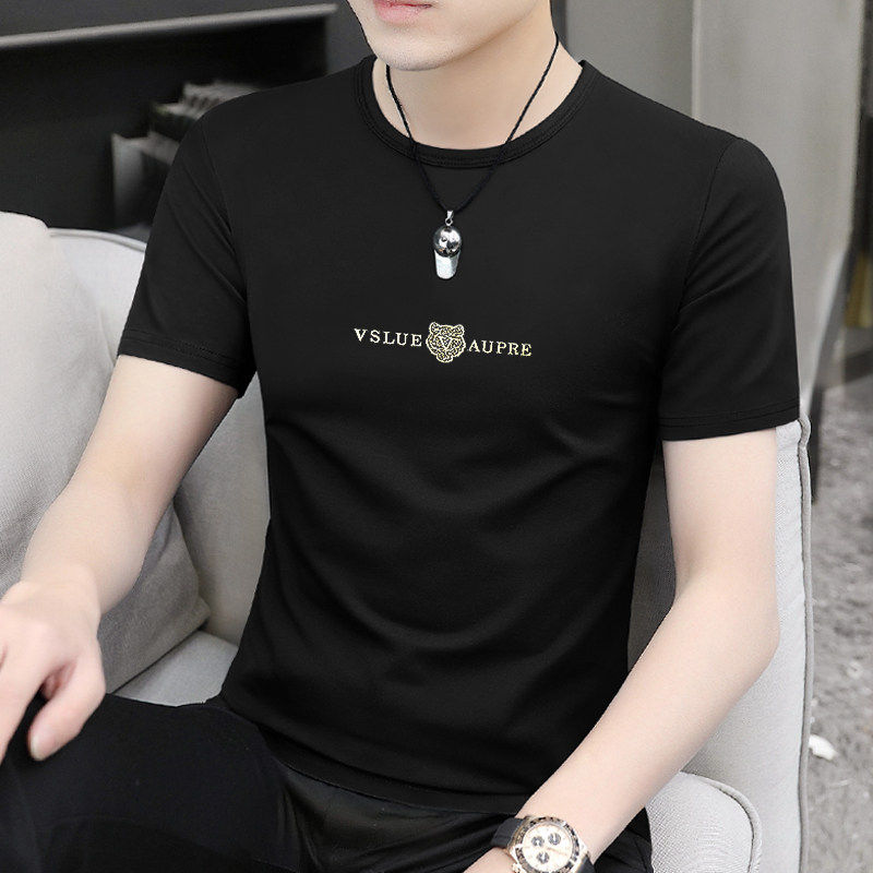 品牌莫代尔冰丝短袖t恤男士2026夏季新款高端圆领黑色印花半袖薄