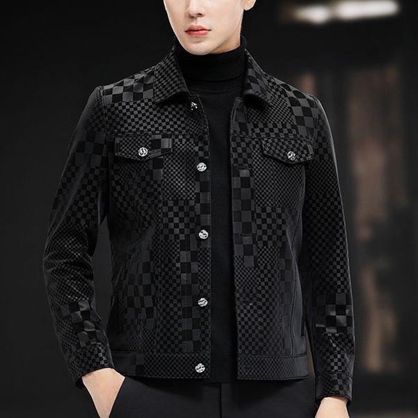 高品质潮牌皮衣男秋冬季2025新款潮流格子翻领短款夹克男士机车服