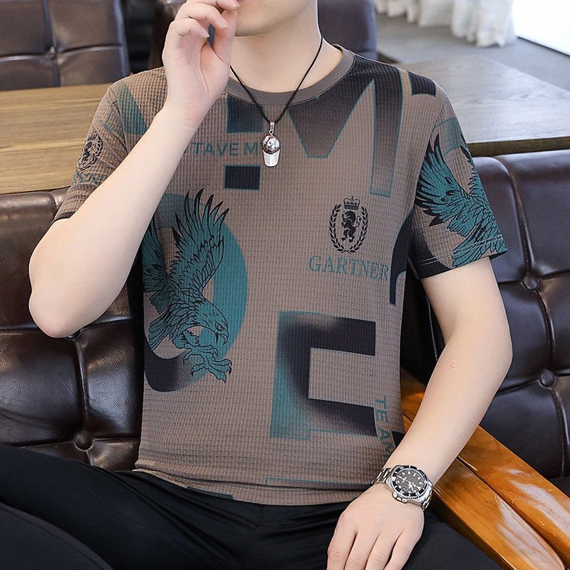 高端冰丝潮牌短袖T恤男夏季新款潮流印花冰感透气速干圆领半袖T恤