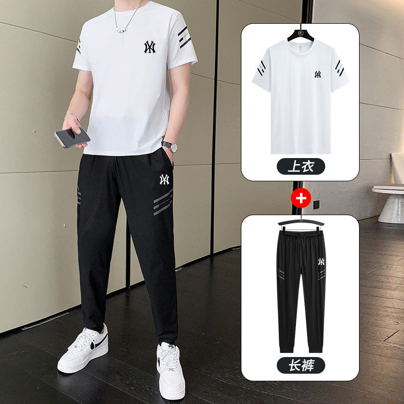 夏季新款运动套装男冰丝短袖长裤两件套休闲弹力速干T恤搭配一套