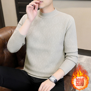 2025新款高级感毛衣男冬季加绒加厚半高领羊毛打底衫一套绒针织衫
