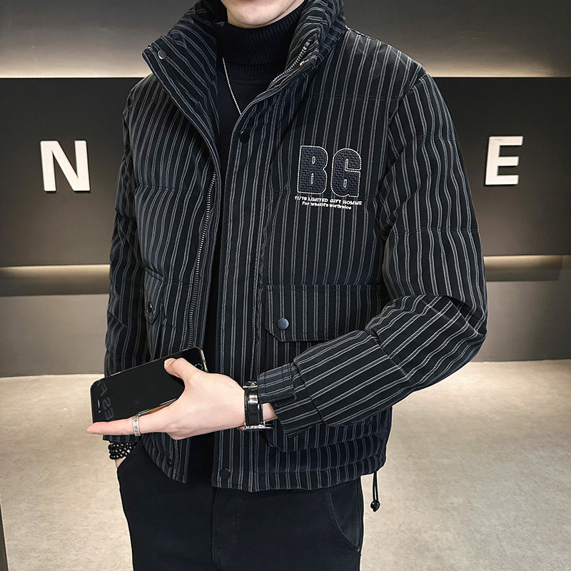 高端条纹短款羽绒服男冬季加厚