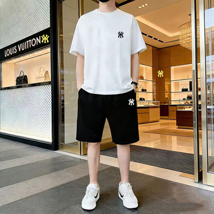 高端纯棉休闲套装男夏季圆领宽松潮牌印花运动大码短袖短裤两件套