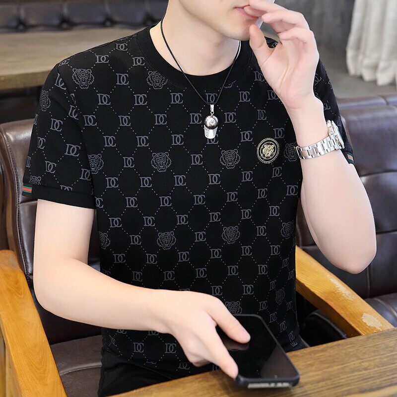 2026夏季新款纯棉短袖T恤男士潮流印花圆领修身舒适高端冰丝半袖