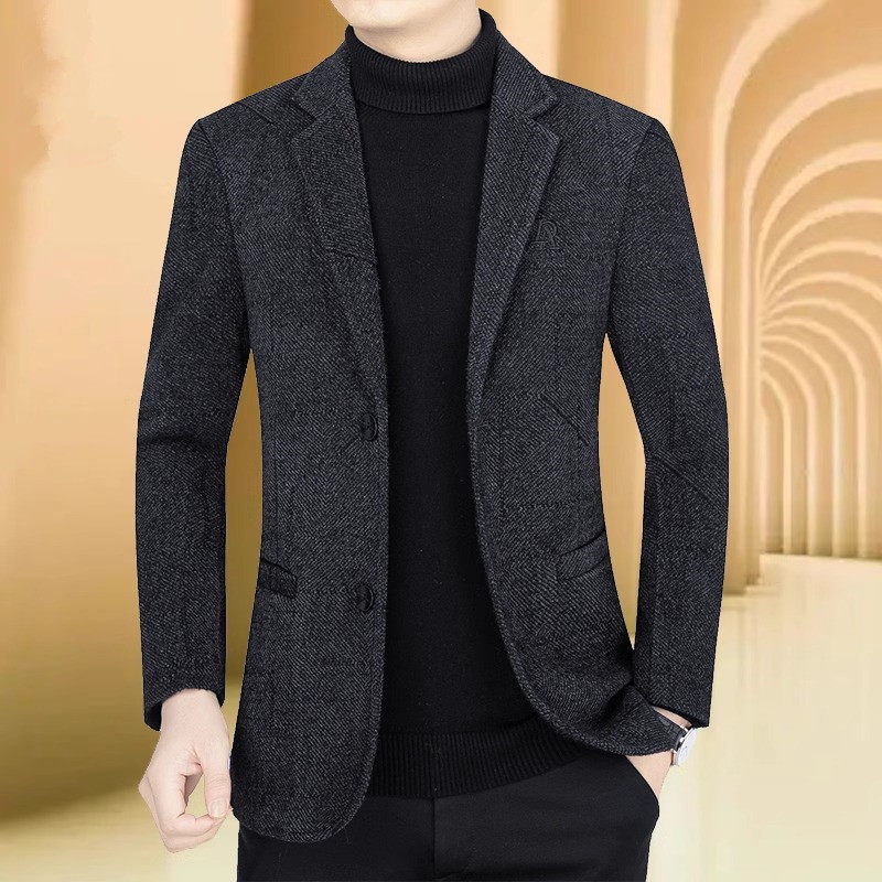 高端休闲西装外套男秋冬新款加厚潮流韩版修身商务男士羊毛呢西服