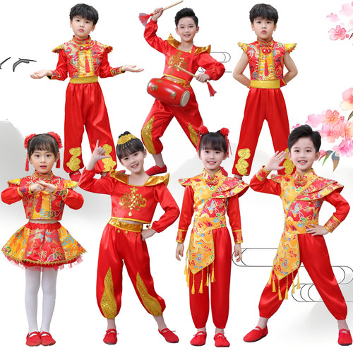 小梦娃喜庆中国风打鼓儿童演出服