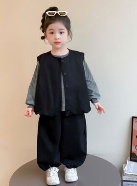 女童套装春装2026新款洋气儿童条纹打底衫炸街男女秋季马甲三件套