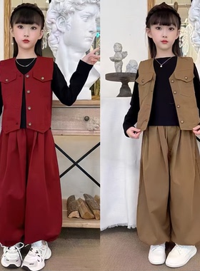 女童春秋季套装2025新款洋气时髦女大童马甲灯笼裤儿童休闲三件套
