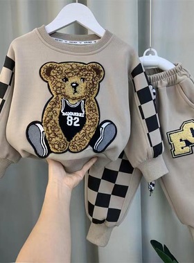 儿童2024秋装加绒洋气卫衣套装宝宝帅气运动男童痞帅休闲潮两件套