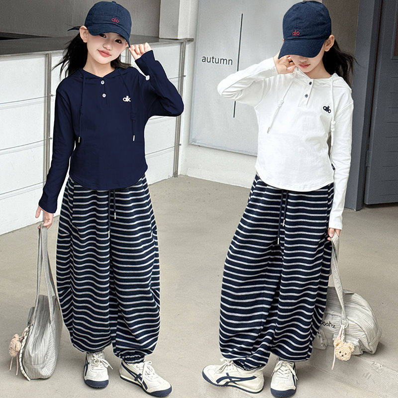 女童套装2025新款洋气运动中大童女孩春秋季条纹卫衣休闲两件套潮