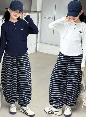 女童套装2025新款洋气运动中大童女孩春秋季条纹卫衣休闲两件套潮