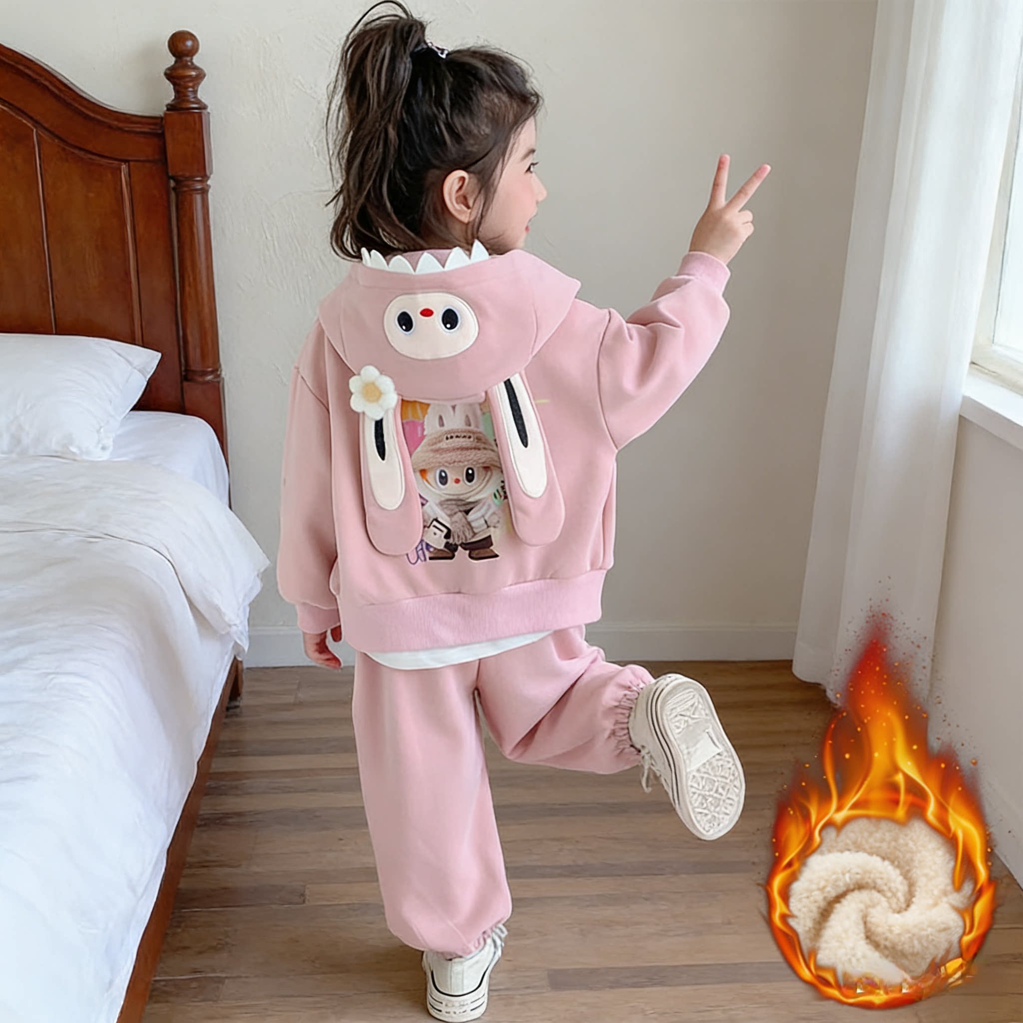 女童加绒套装秋冬新款洋气女宝宝冬装儿童运动连帽卫衣休闲两件套