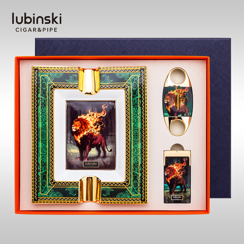 LUBINSKI雪茄工具三件套时尚陶瓷烟灰缸蓝焰2直冲打火机锋利V剪刀