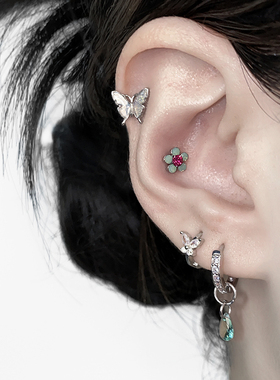 二十二丁目 彩色蝴蝶耳钉耳环钛钢小花耳骨钉湖绿色水滴耳扣耳圈