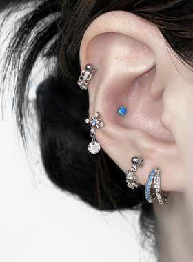 二十丁目十字架钛钢耳钉高级感耳骨钉耳蜗钉双层蓝色耳圈耳环耳饰