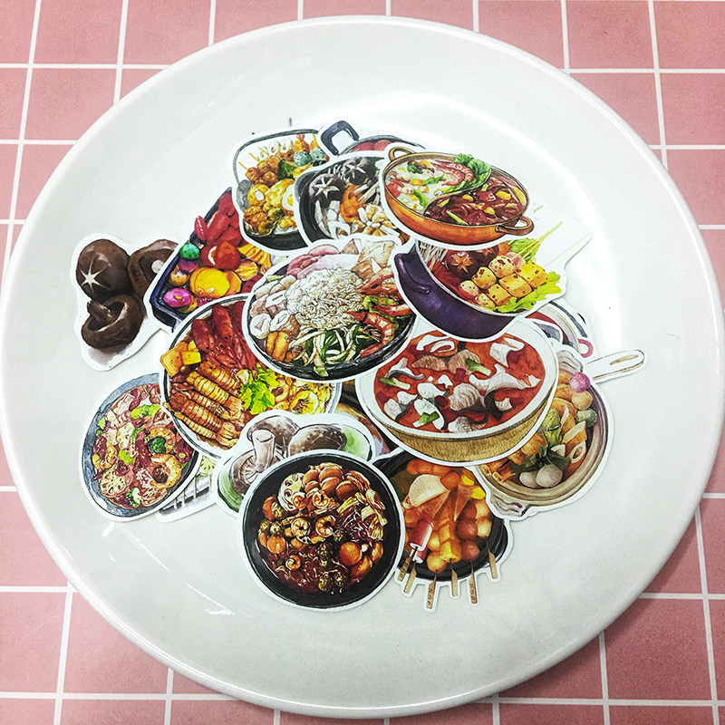 手账贴纸手绘九宫格火锅麻辣烫日记装饰贴海鲜锅美食串串手工贴画