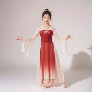 儿童古典舞演出服飘逸仙气长款 汉唐齐胸飘带纱衣舞蹈服中国舞套装