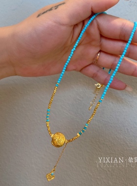 夫人手作 古法金绿松石新中式龙凤珠毛衣链女饰品项链凤珠