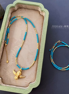 夫人手作  闪闪蹦迪珠绿松石古法金天使吊坠项链叠戴锁骨链毛衣链