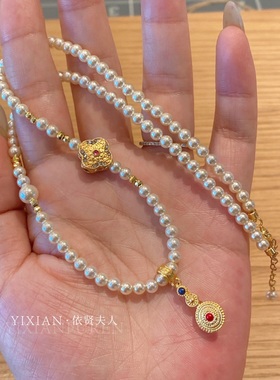 夫人手作 古法金高保色周家同款故宫百转程祥如意珍珠项链首饰