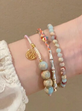 新中式手工编织防寿石山手串手链女2026年爆款复古手串闺蜜手饰